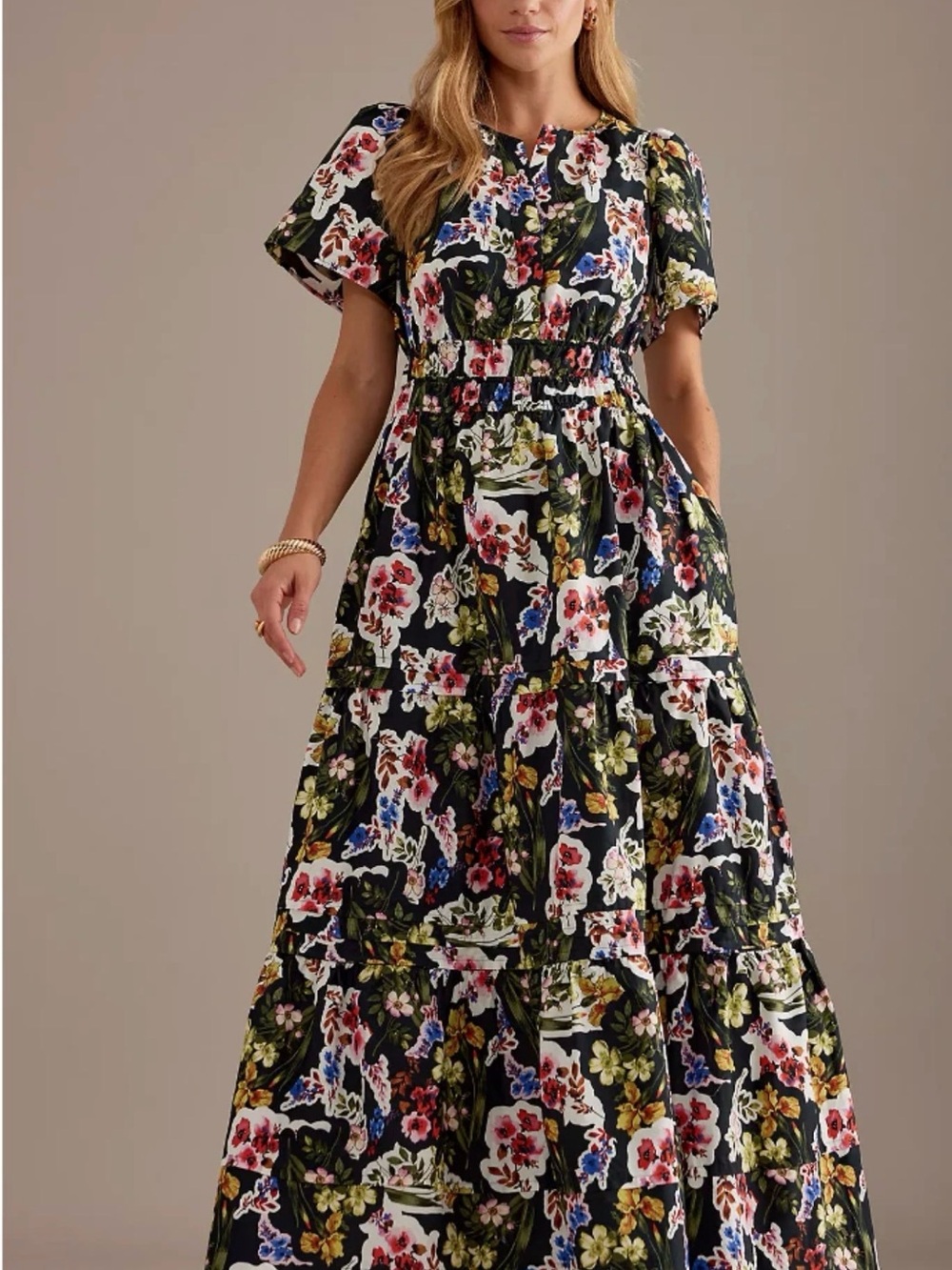 Anthropologie The Somerset Maxi Dress Short Sleeve Black Floral Smocked Waist XL - Picture 10 of 11